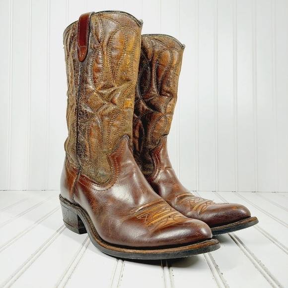 Bronco Brown Embroidery Leather Slip On Block Heel Pointy Toe Western Boots D186 - Picture 4 of 13